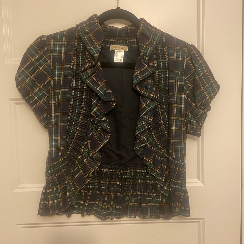 Plaid Ruffled Short Sleeve Blouse